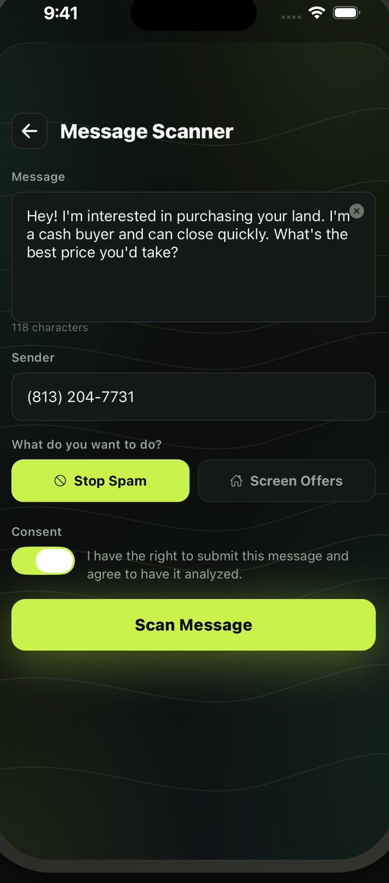 The FendLand message scanner on iPhone
